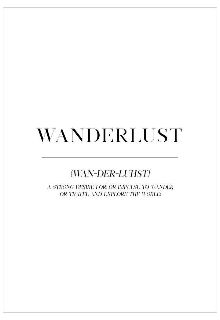 Text poster with the word 'Wanderlust' and its definition on a white background