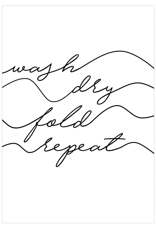 Text 'wash dry fold repeat' in a decorative font on a white background
