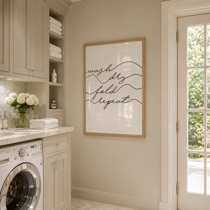 Modern laundry room with washing machine, shelves, and framed artwork on the wall.