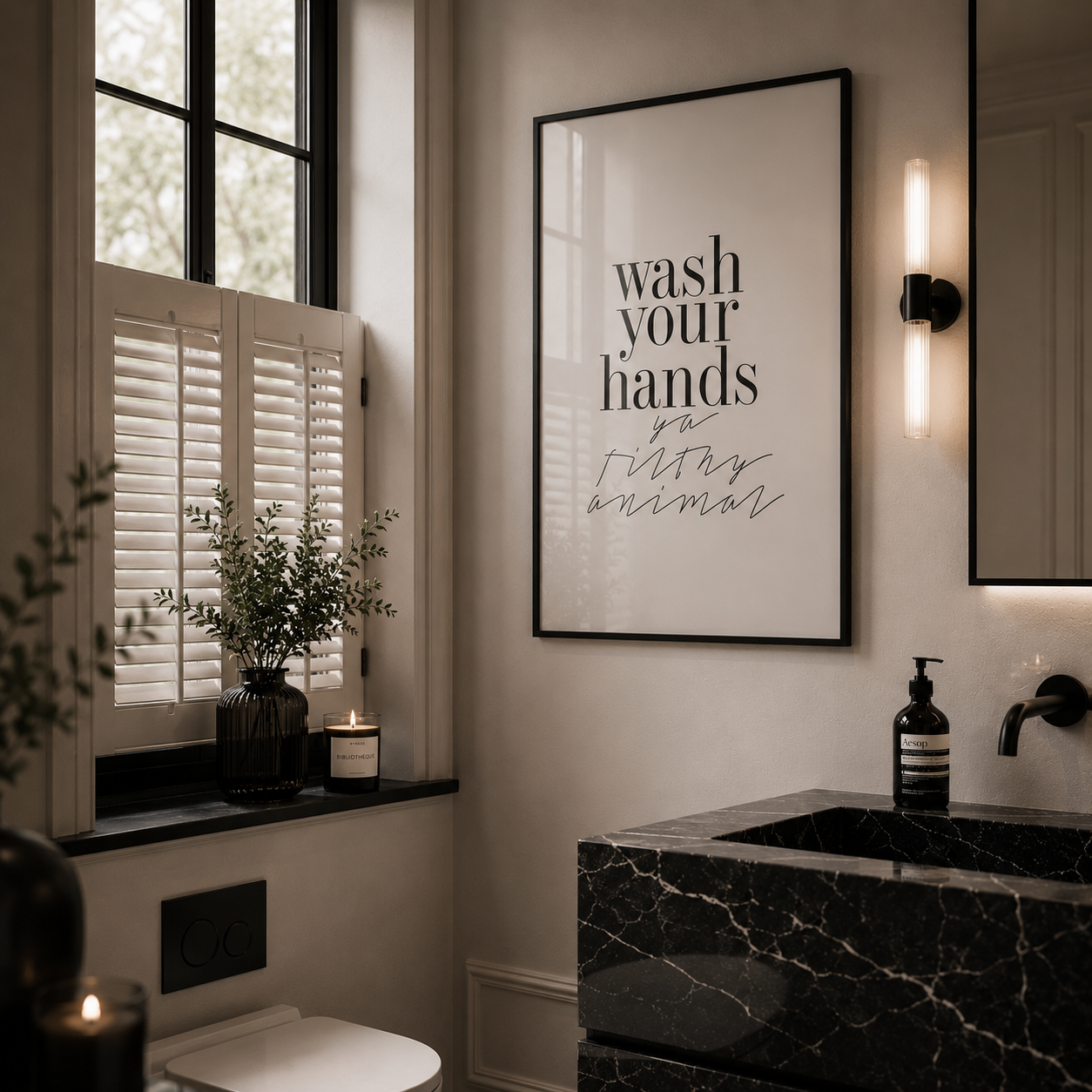 luxury bathroom with stylish typography poster