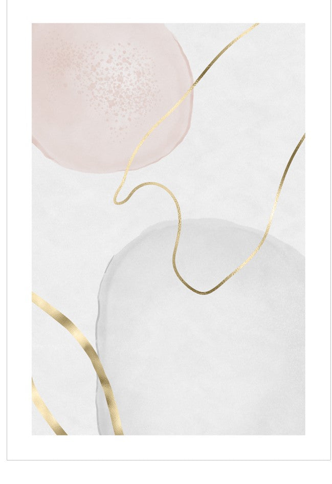 Abstract design with gold lines and a pink sphere on a white background