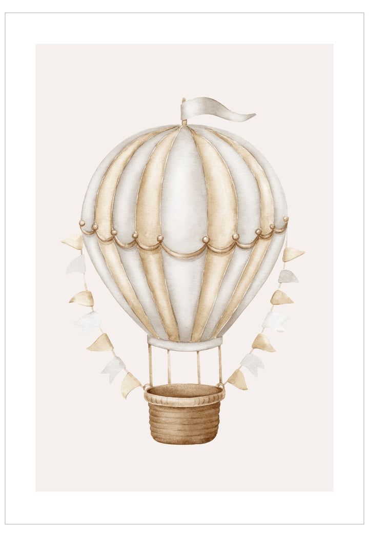 Illustration of a vintage-style hot air balloon on a light background
