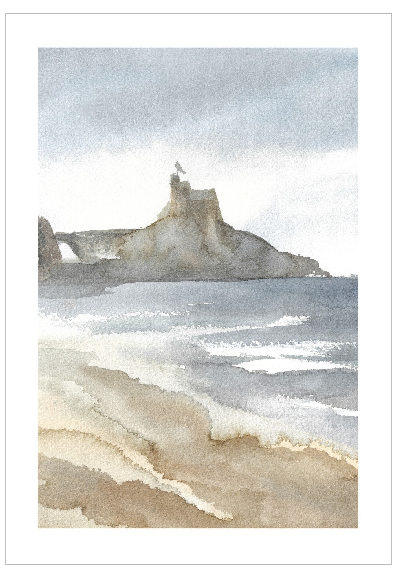Watercolor painting of a castle on a cliff overlooking the ocean with a cloudy sky.