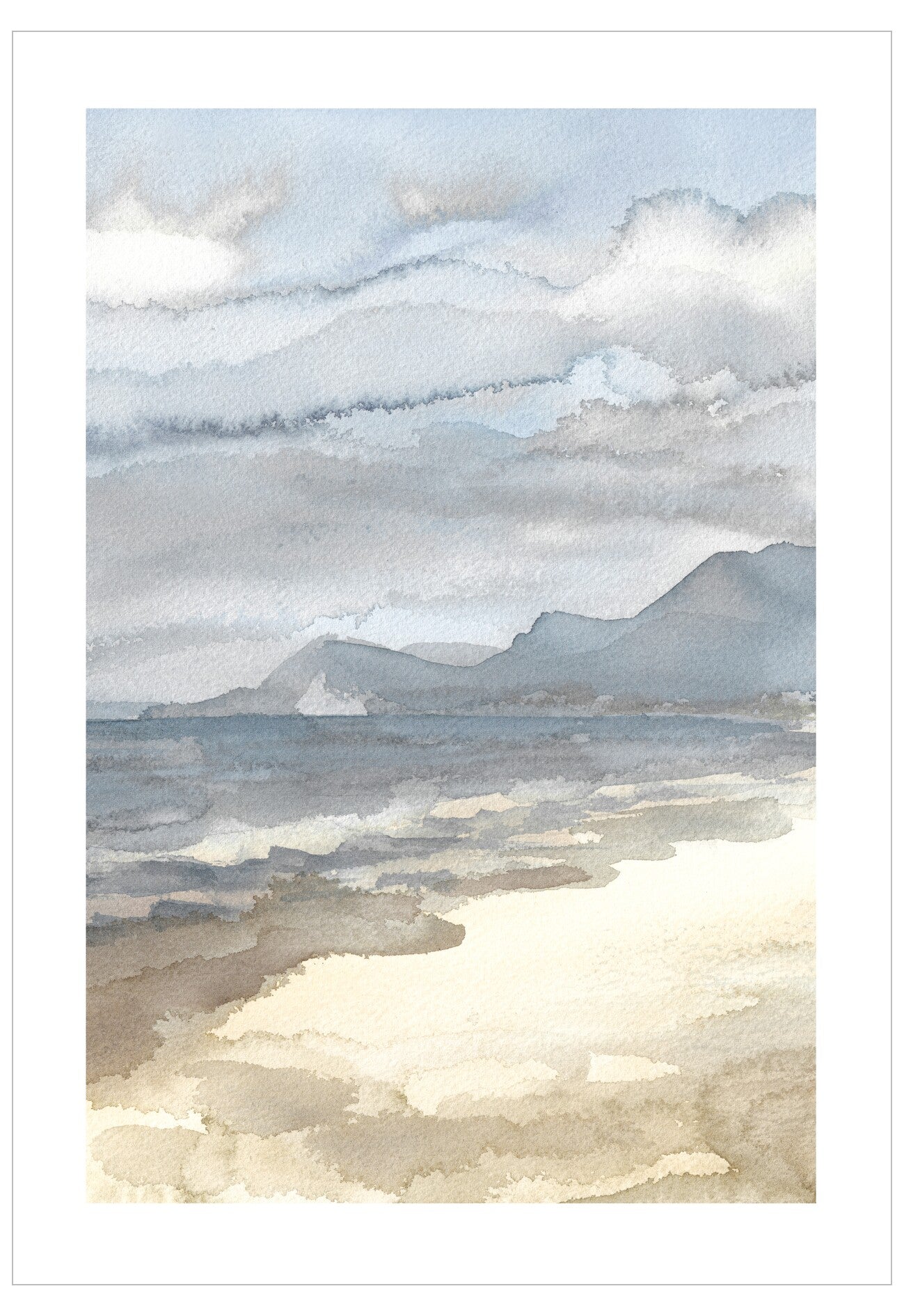 Artistic depiction of a landscape with mountains and water, using soft, blended colors.