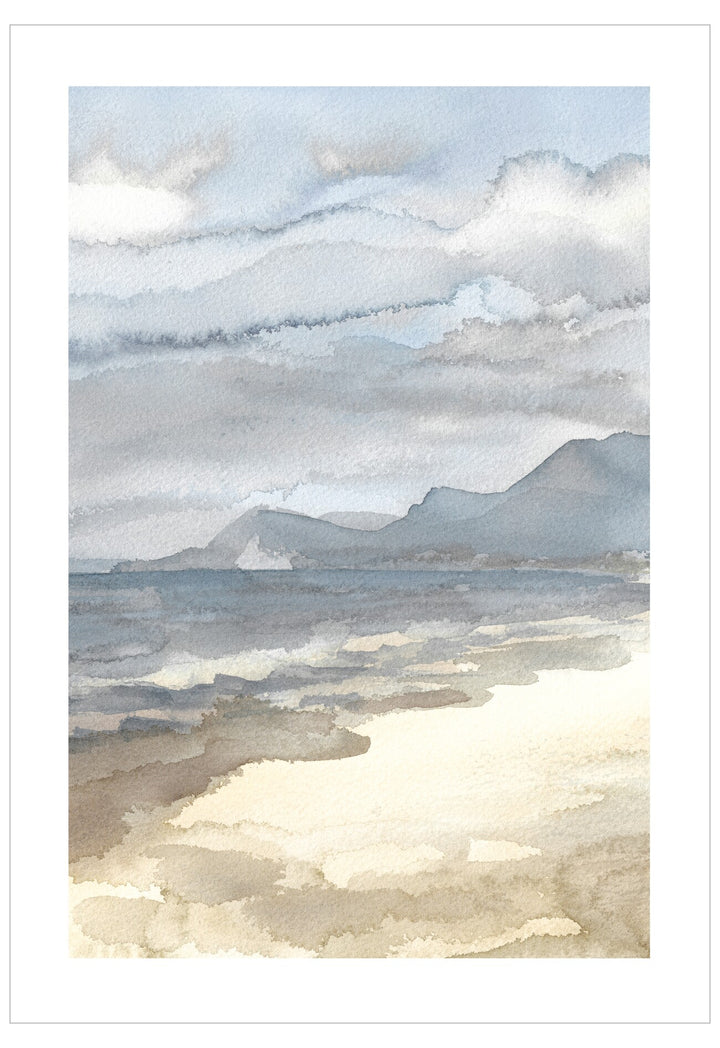 Artistic depiction of a landscape with mountains and water, using soft, blended colors.