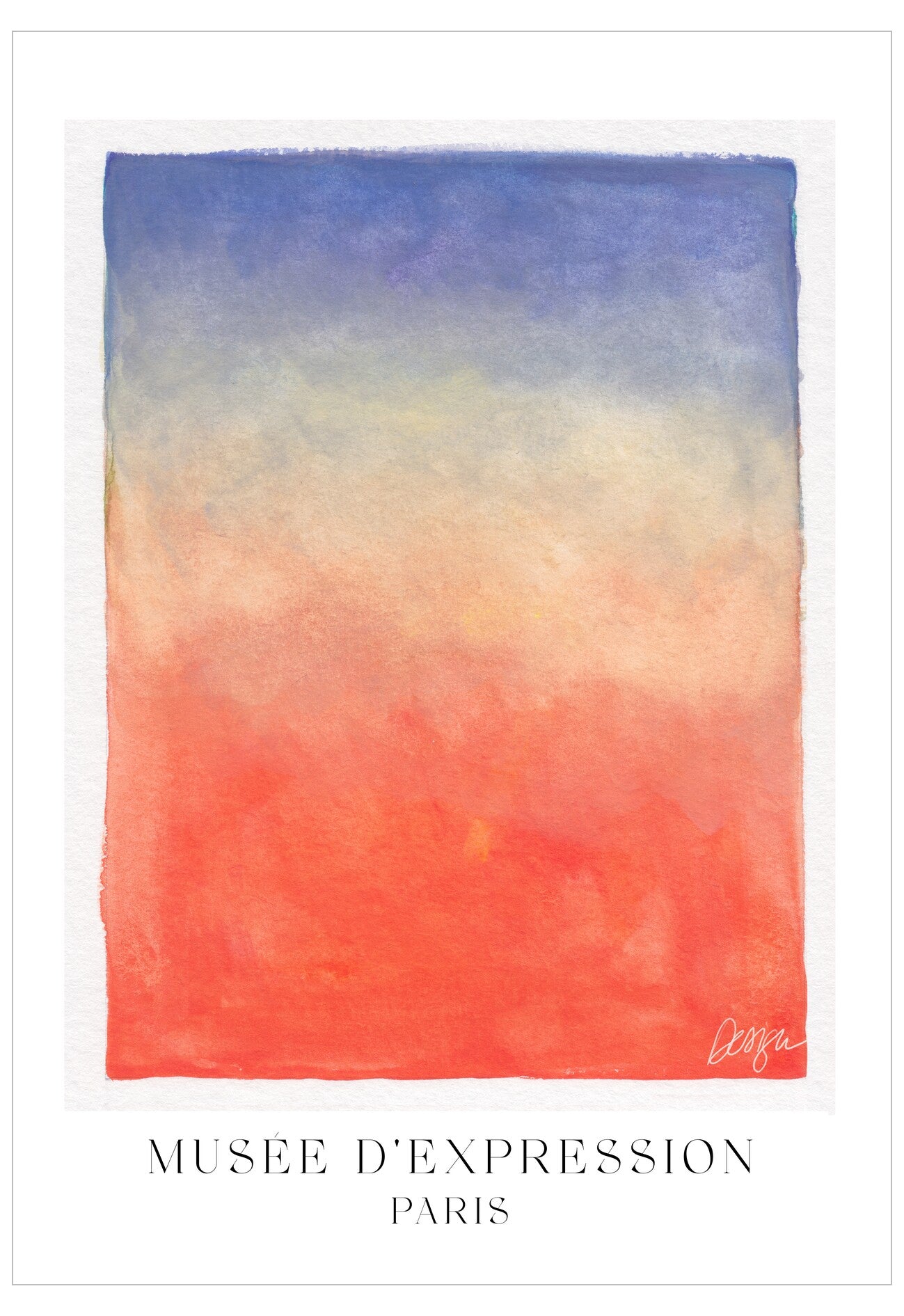 Abstract watercolor painting with a gradient from blue to red, featuring 'Museée d'Expression Paris' text.