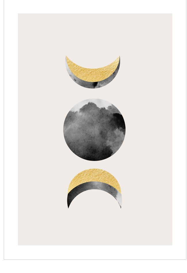 Three stylized moon phases in gold and gray on a white background