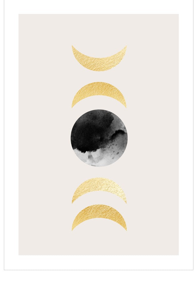 Art print with gold and black moon phases on a light gray background