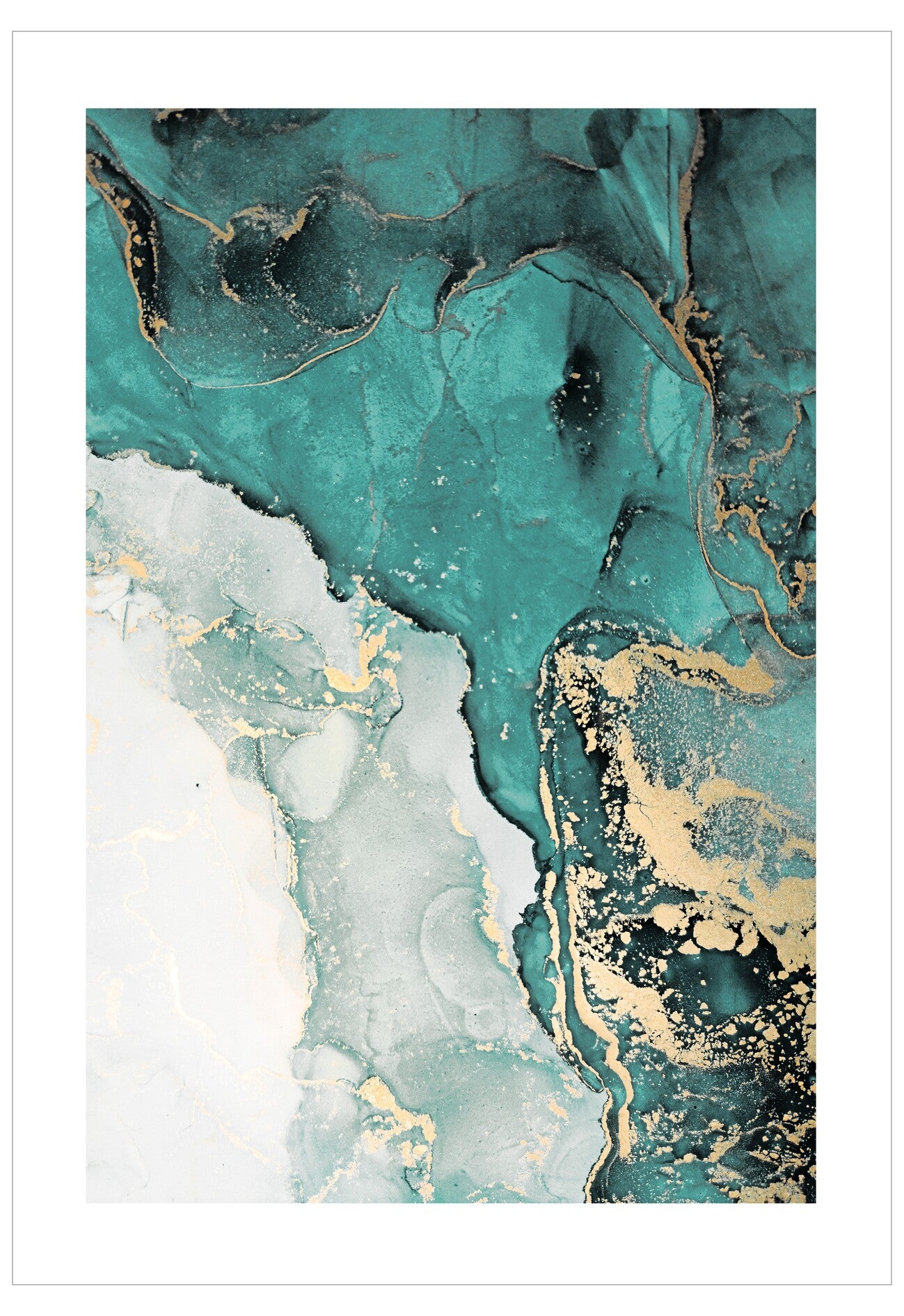 Abstract art print with teal, white, and gold colors on a white background
