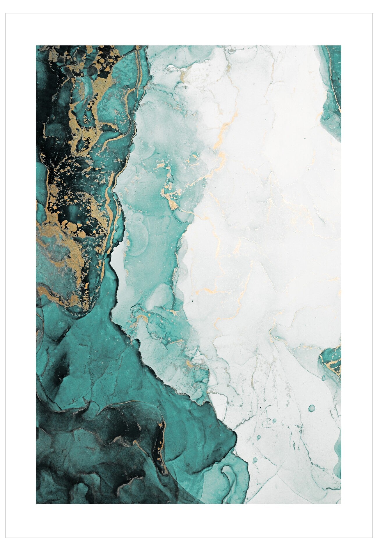 Abstract art print with teal, gold, and white colors on a white background