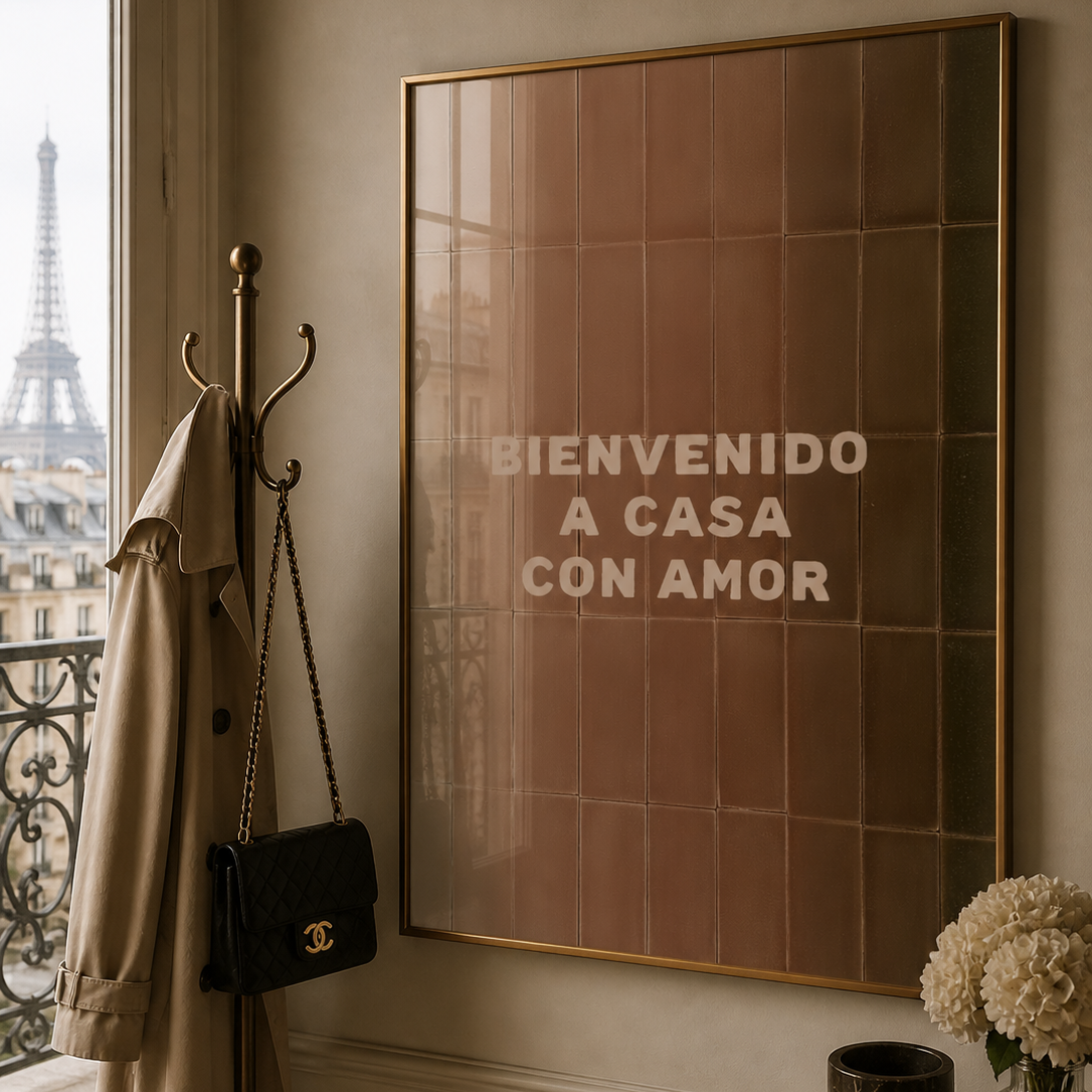 Room interior with a framed poster, coat, handbag, and decor items.