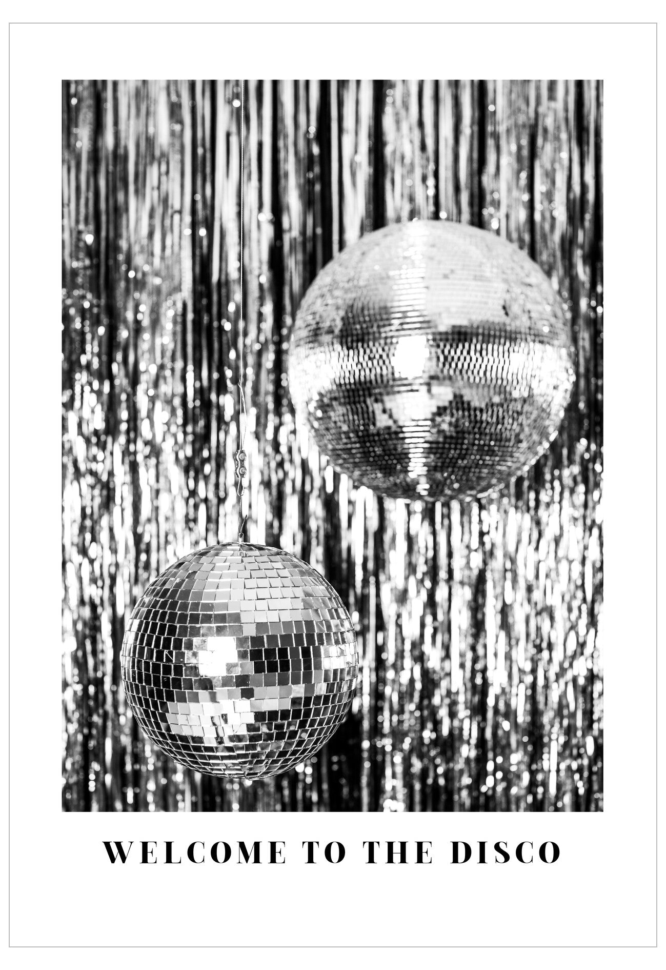 Two disco balls against a tinsel curtain with 'Welcome to the Disco' text.