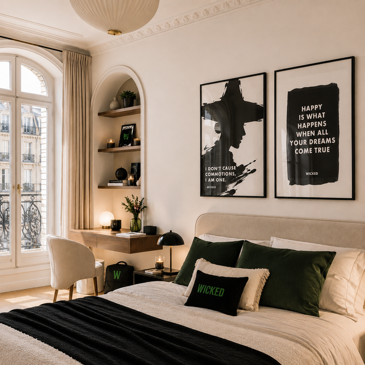 Modern bedroom with bed, desk, and wall art