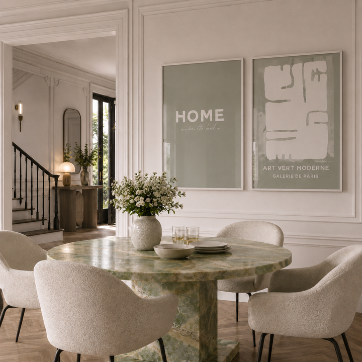 Dining room with marble table, chairs, and abstract art on the wall.