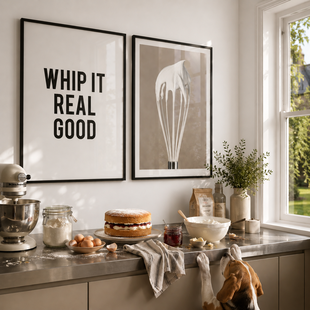 Kitchen counter with baking items and decorative wall art.