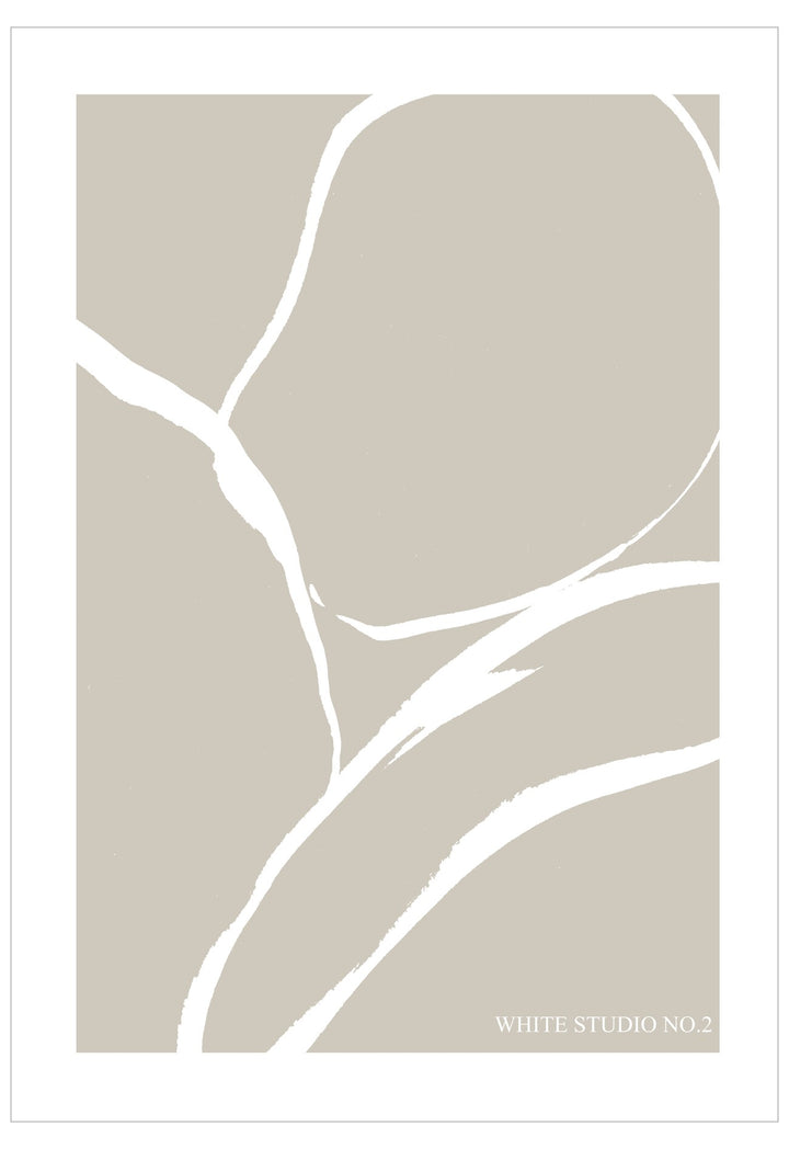 Abstract design with white lines on a beige background, labeled 'White Studio No. 2'.
