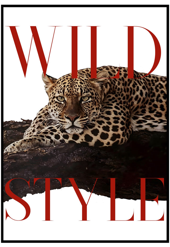 Leopard lying on a branch with 'Wild Style' text in red and white.