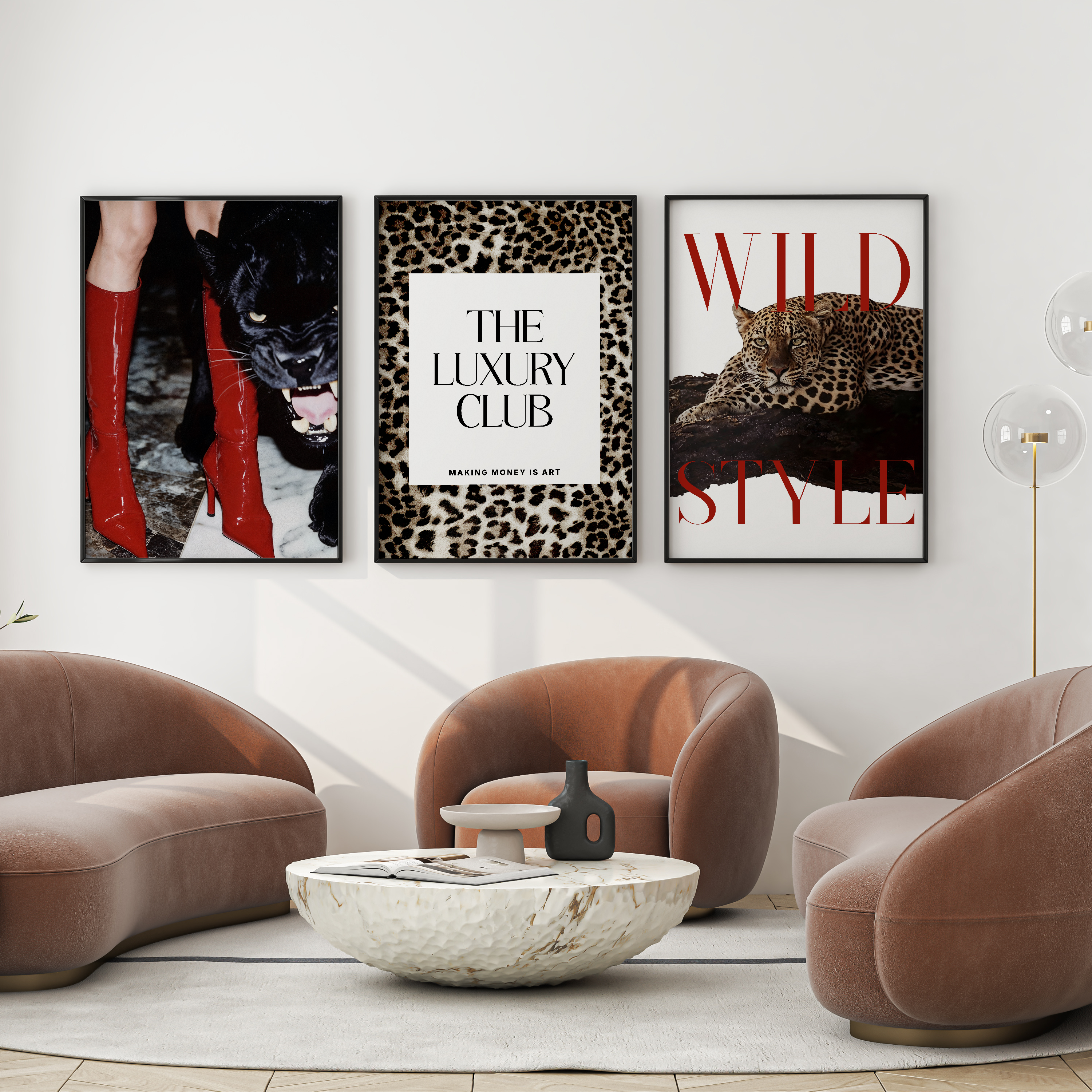 Modern living room with brown furniture and stylish wall art