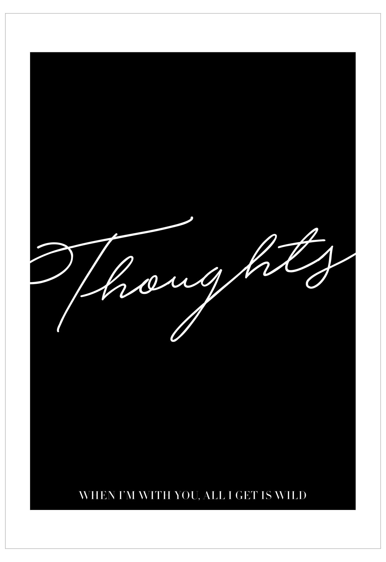 Black background with white text 'Thoughts' and a quote below on a white border