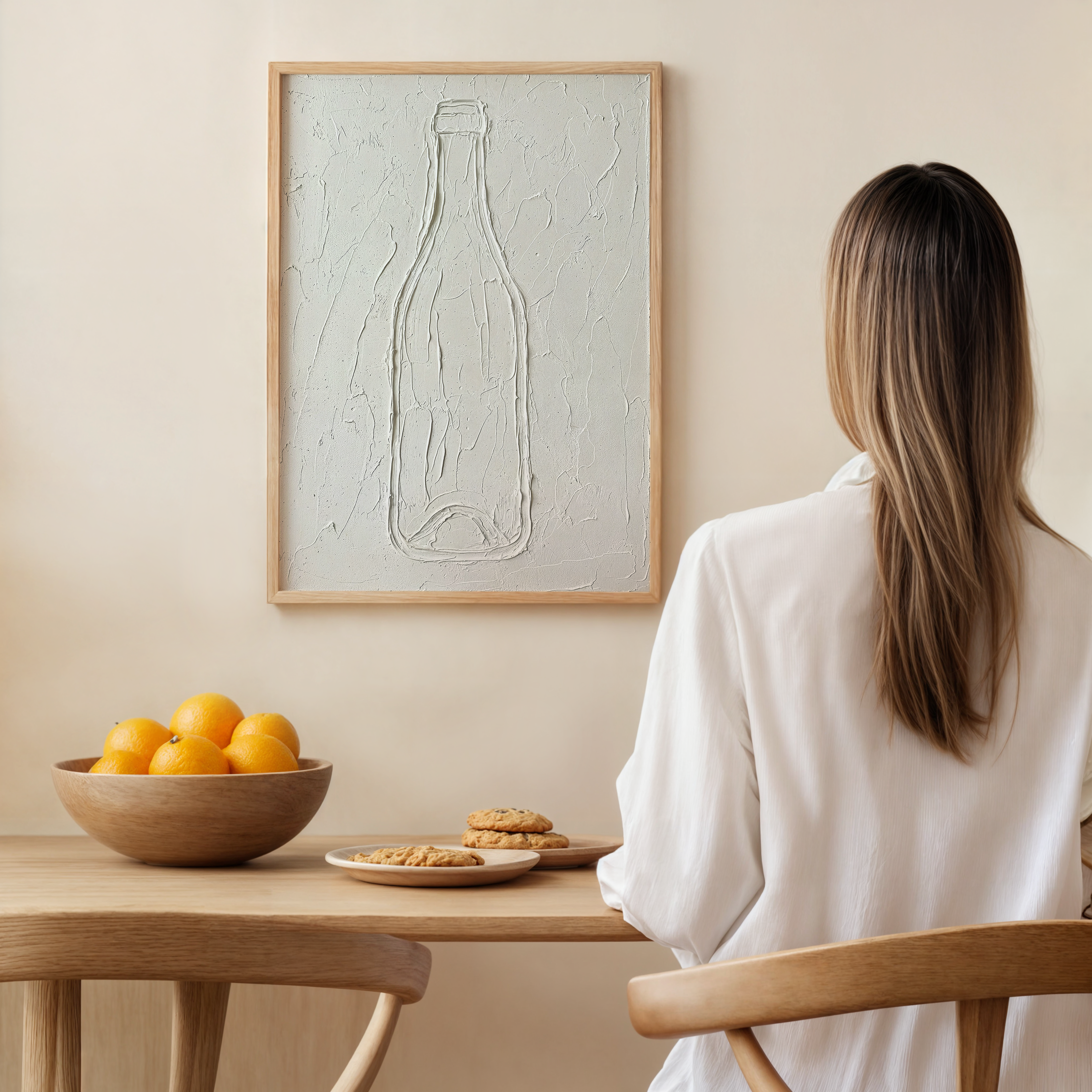 Woman sitting at a table with a bowl of oranges and cookies, facing a framed picture of a bottle of wine.