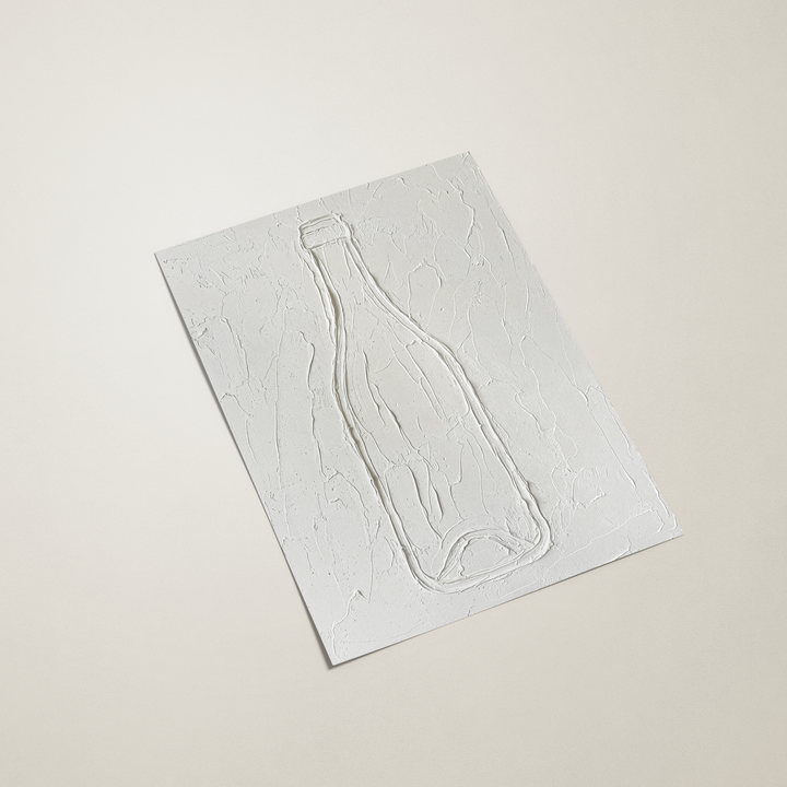 Outline of a bottle on a white sheet of paper with a beige background