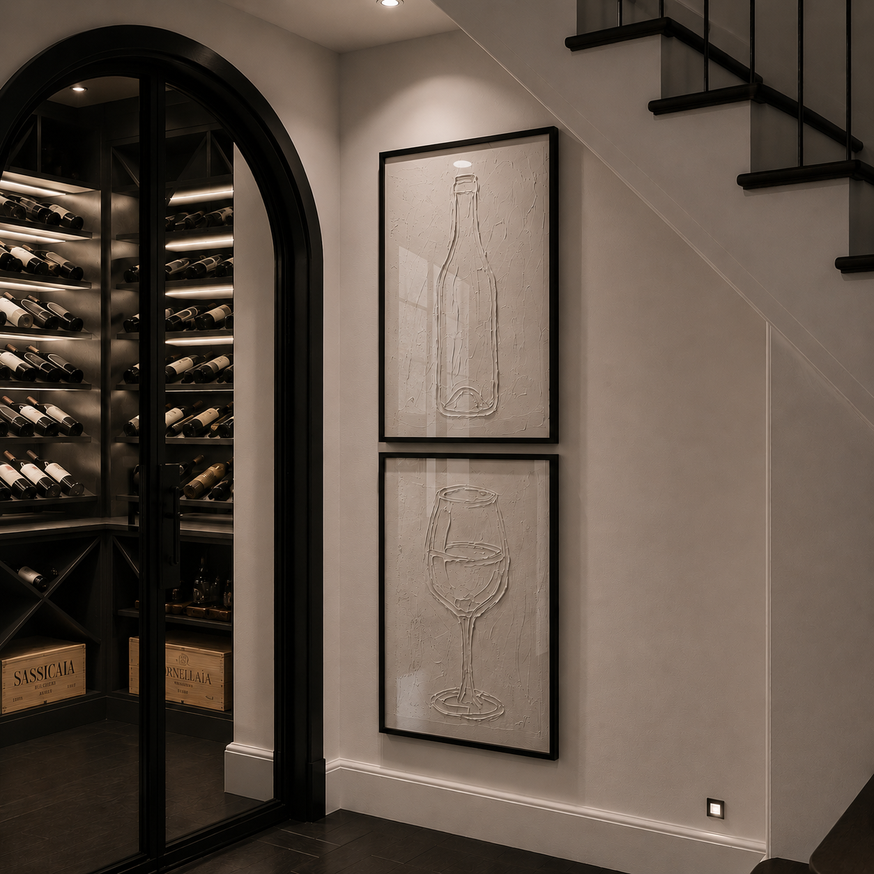 Stylish under stairs wine cellar with neutral wall art