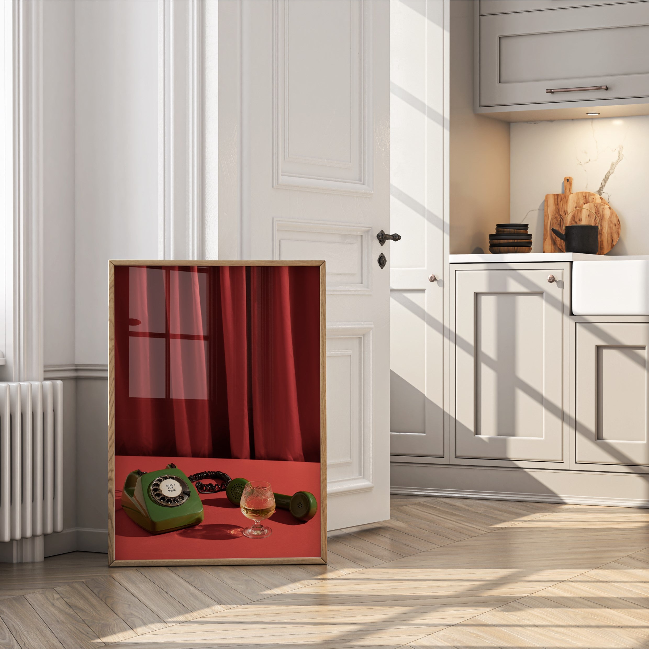 poster of a red curtain featuring a vintage phone and glass design in a modern kitchen.