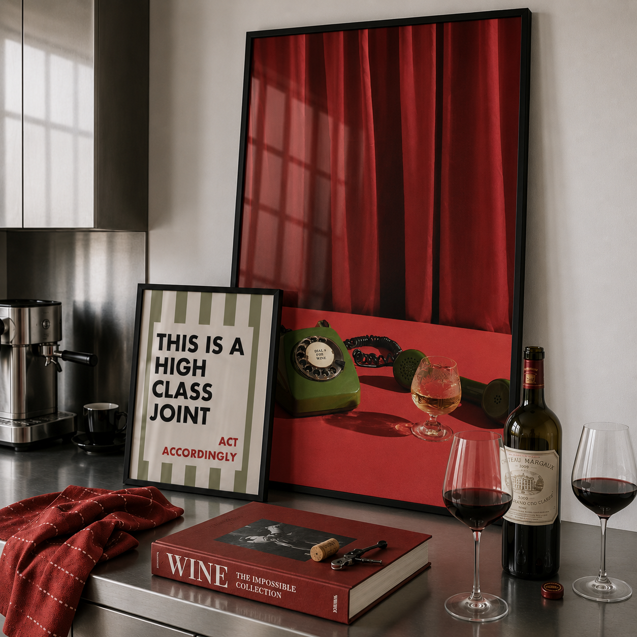 Kitchen counter with a framed picture, book, wine bottle, and glasses.
