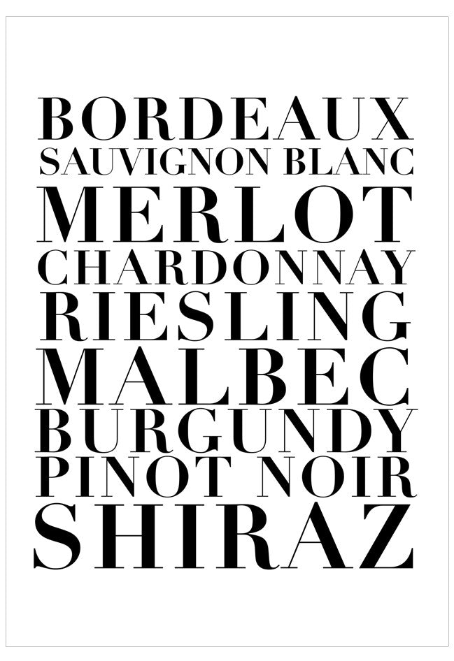 List of wine varietals in black text on a white background