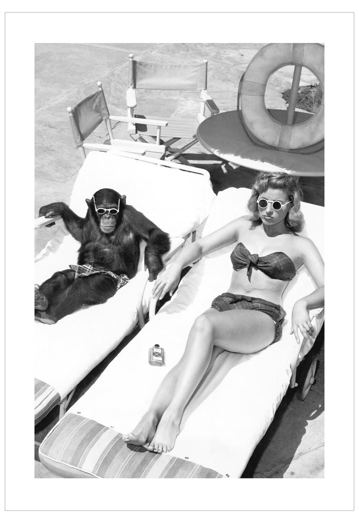 Vintage-style illustration of a woman in a bikini and a monkey on a boat.