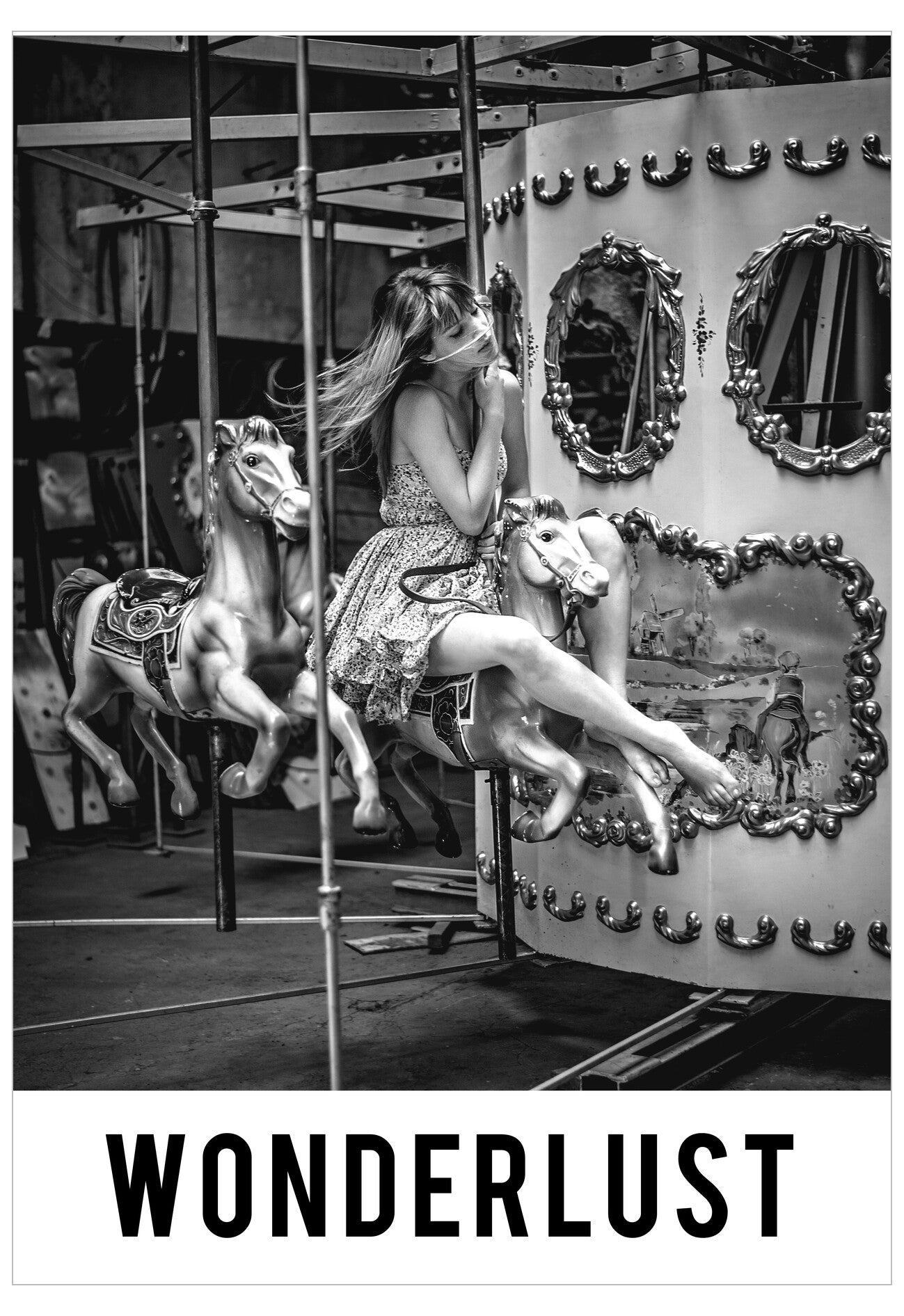 Woman sitting on a carousel horse with 'Wonderlust' text overlay