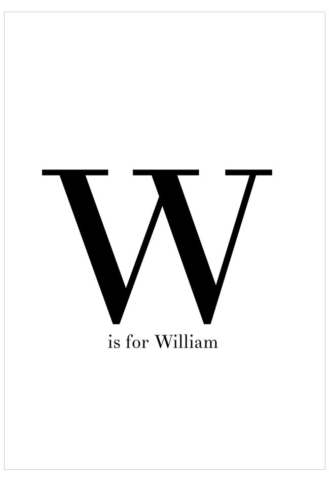 Black letter 'W' on a white background with 'is for William' text