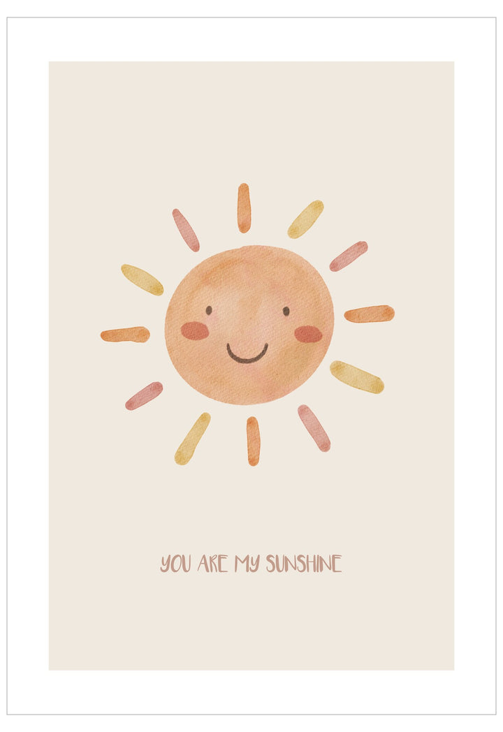 Cartoon sun with a smile and 'You are my sunshine' text on a beige background
