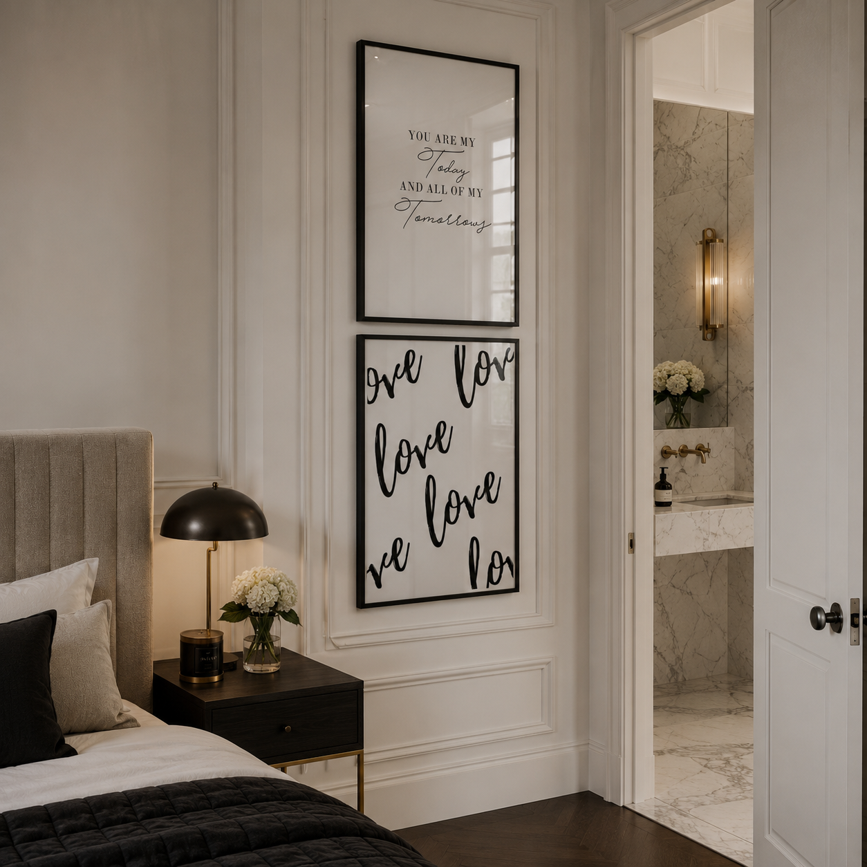 Neatly decorated bedroom with framed artwork on the wall.
