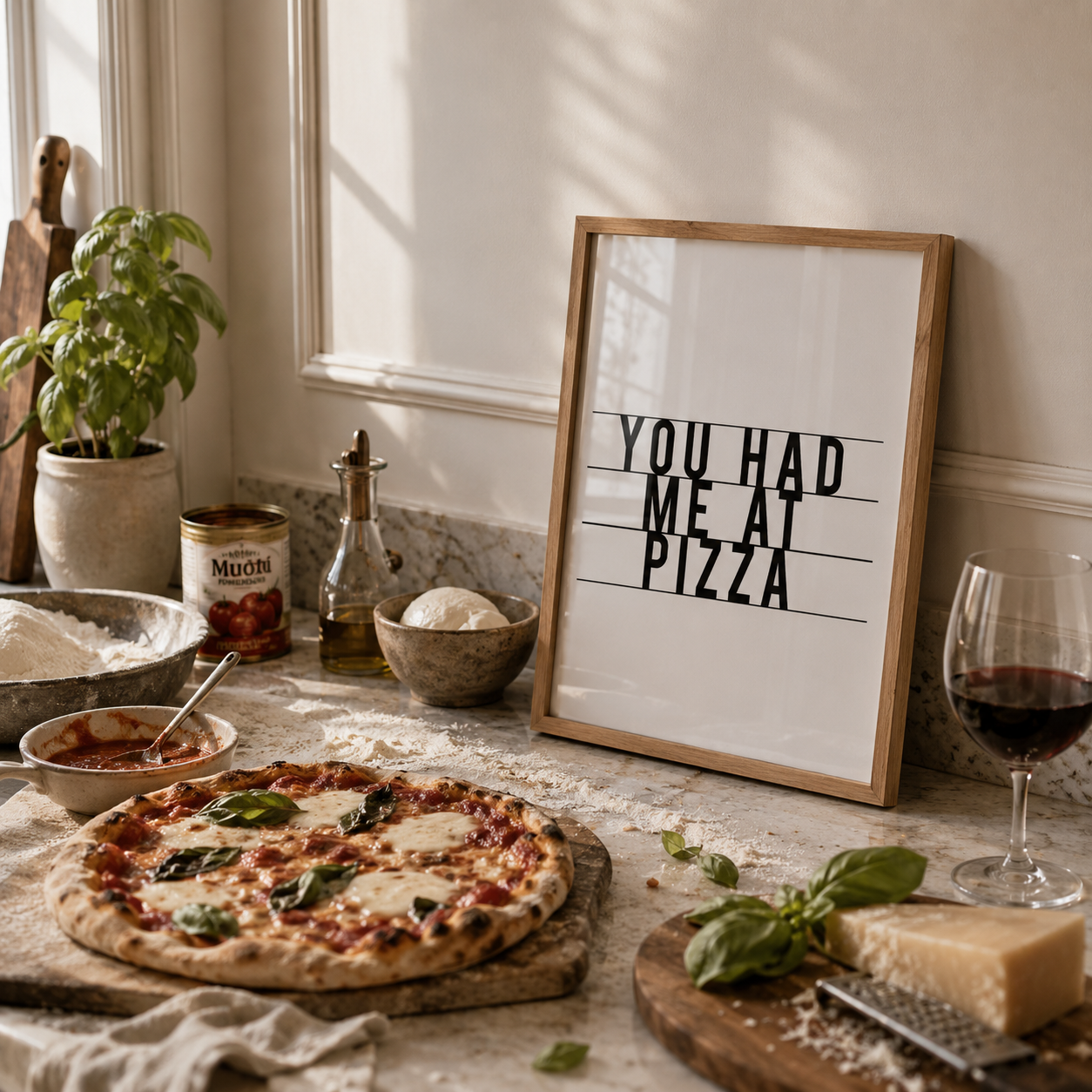 Pizza on a wooden board with a framed print and kitchen items in the background