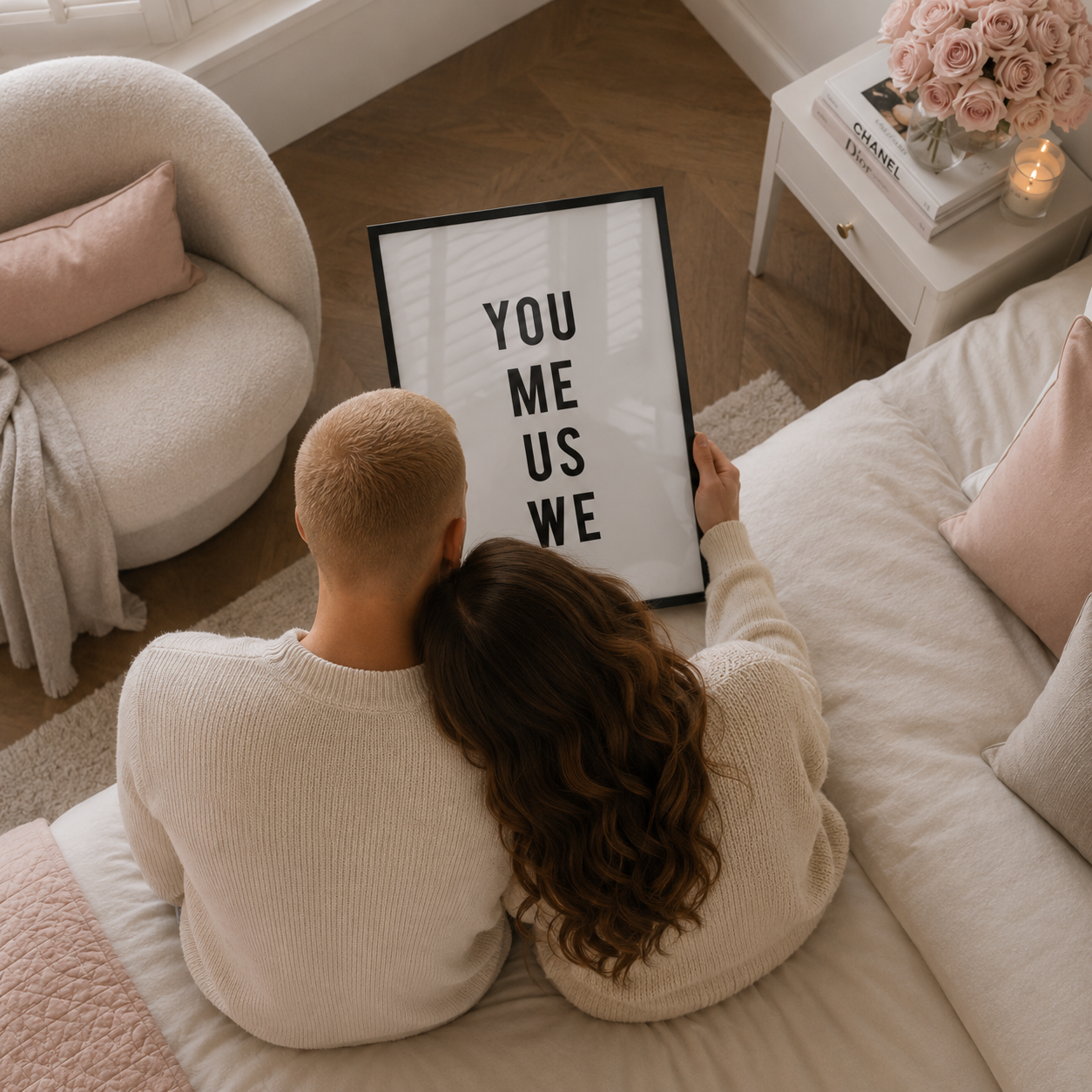 Two people sitting on a couch holding a framed picture with 'YOU ME US WE' text.