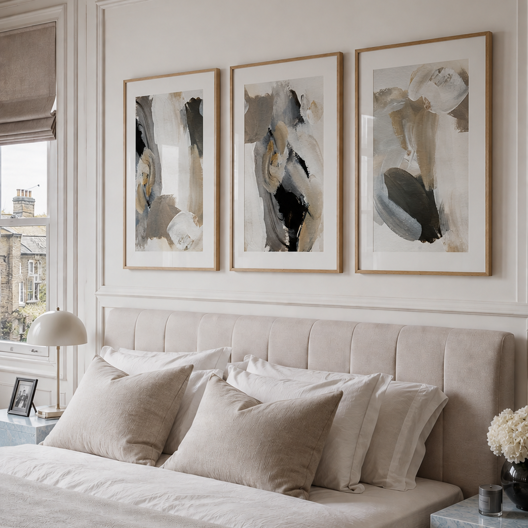 A styled bedroom interior featuring three framed abstract art prints in a light wood frame, hung on a cream-colored wall above a tufted beige headboard and matching neutral bedding.