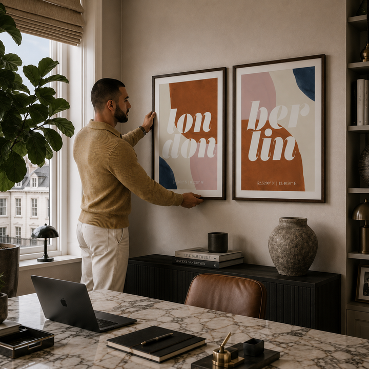 A man in a beige sweater and white pants hangs two framed abstract art prints on a beige wall in a modern home office. The prints feature the words 'london' and 'berlin' in white text over warm orange, pink, and blue abstract shapes.