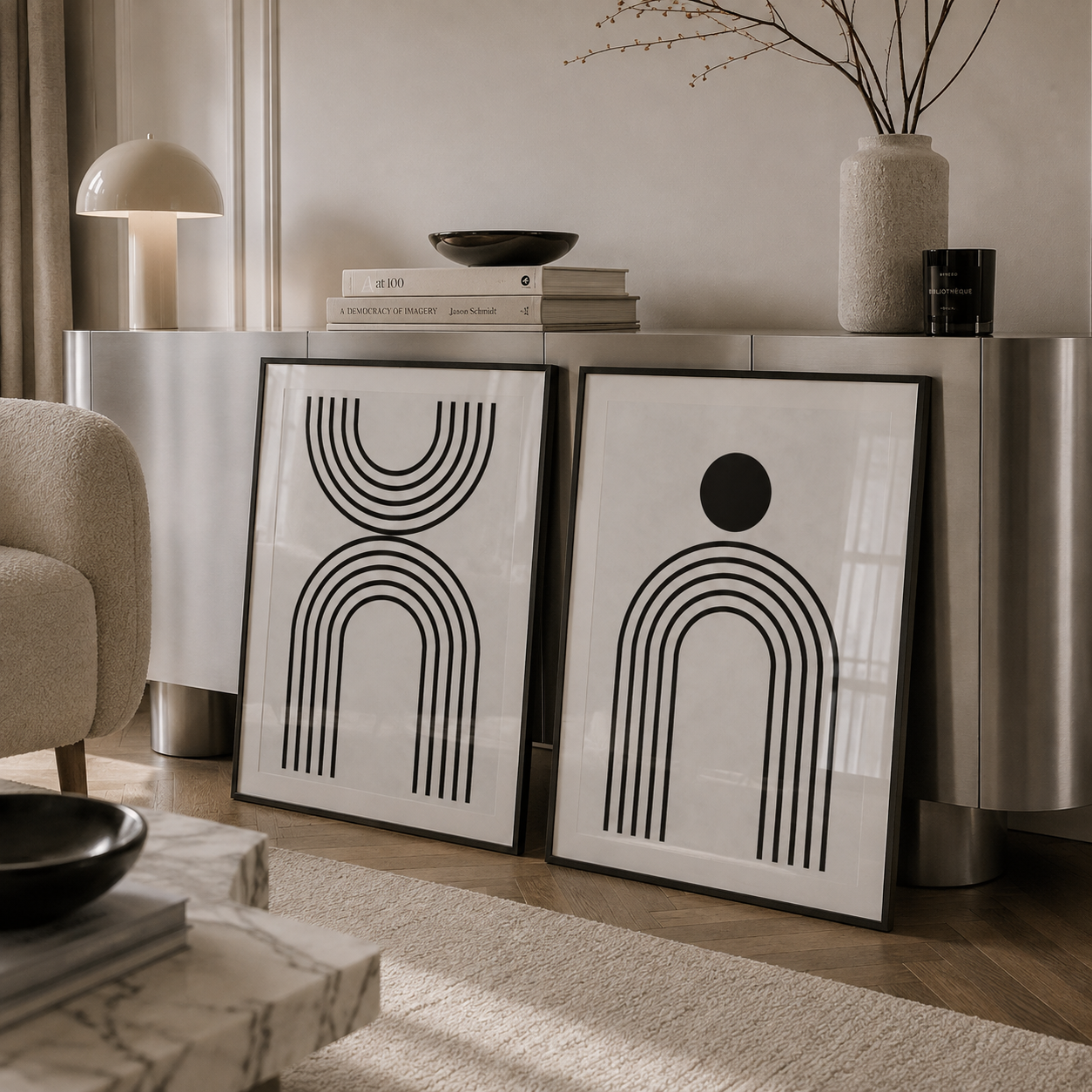 Two framed abstract black line art prints leaning against a metallic console table in a modern living room setting.