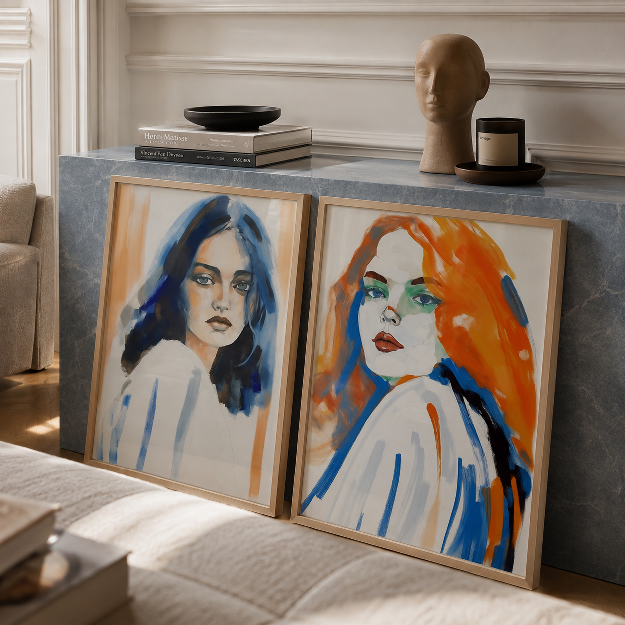 Two framed watercolor-style portraits leaning against a gray console table in a styled interior. The left frame shows a woman with dark blue hair, and the right frame shows a woman with vivid orange hair.