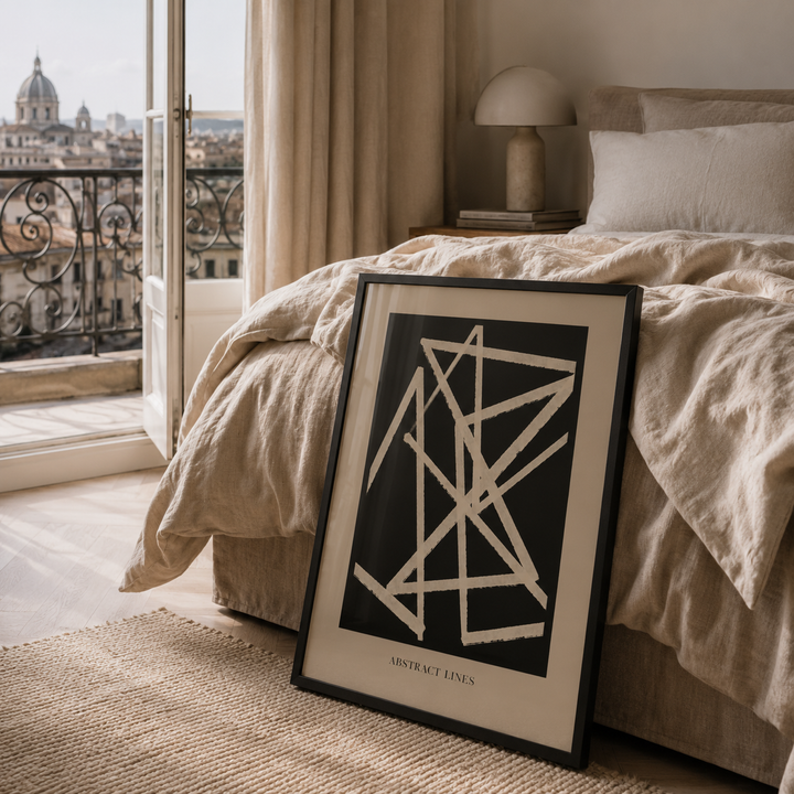 abstract neutral wall art with striking black details in stylish bedroom in Rome