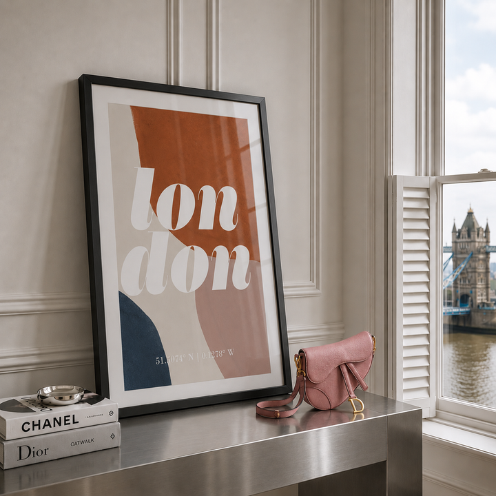 A framed abstract art print featuring the word 'london' in large white letters over terracotta, cream, and navy geometric shapes, leaning on a metallic console table beside a pink Dior handbag and books in a stylish interior setting.