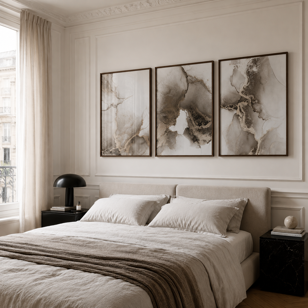 Three framed abstract wall art prints in beige and brown tones hang above a neatly made bed in a softly lit bedroom with cream walls, a window with sheer curtains, and dark bedside tables.