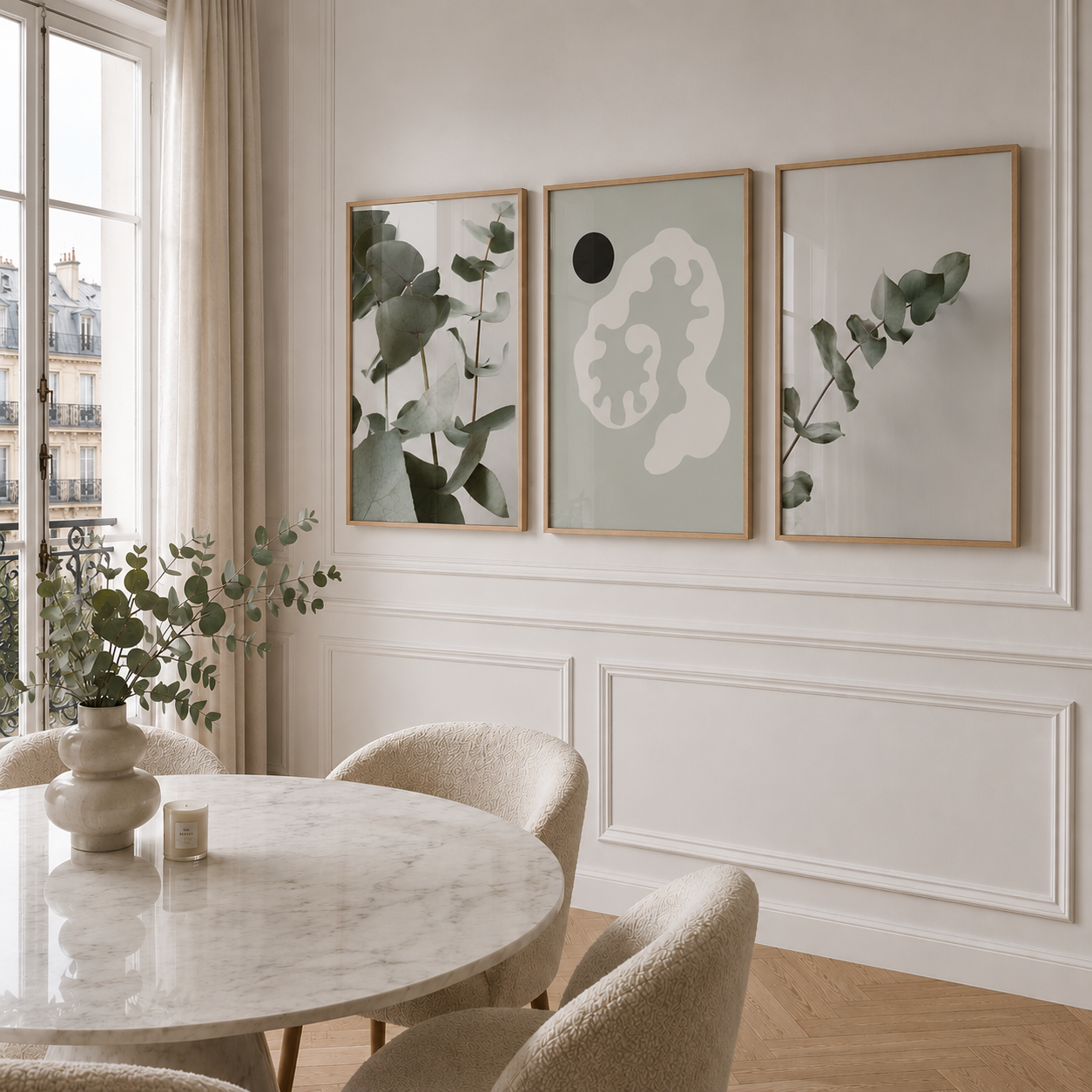 Three framed botanical art prints with minimalist abstract designs hang on a white paneled wall in a bright, modern dining room with a marble table and beige chairs.