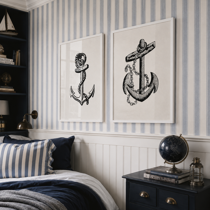 Two framed black anchor illustrations hang on a blue-and-white striped wall above a bed in a styled bedroom.