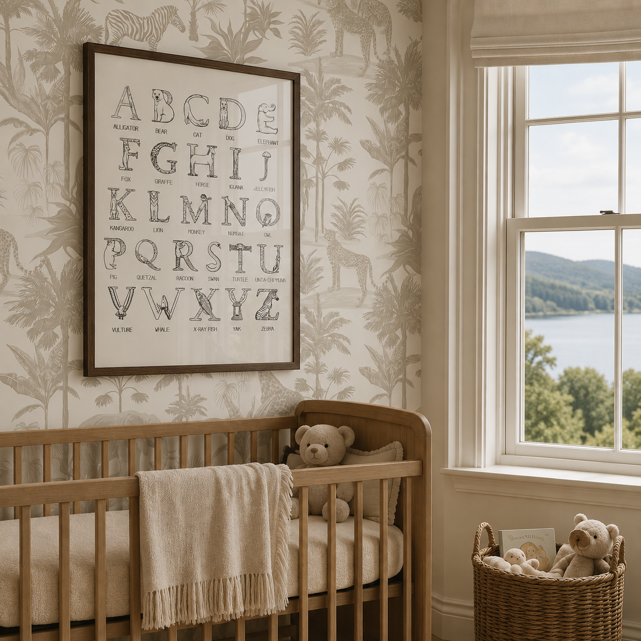 A framed alphabet nursery art print hangs on a tropical wallpapered wall above a wooden crib in a bright nursery with a window overlooking water.