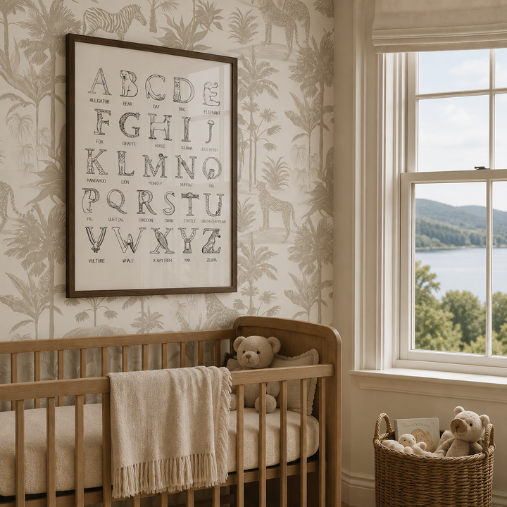 A framed alphabet nursery art print hangs on a tropical wallpapered wall above a wooden crib in a bright nursery with a window overlooking water.