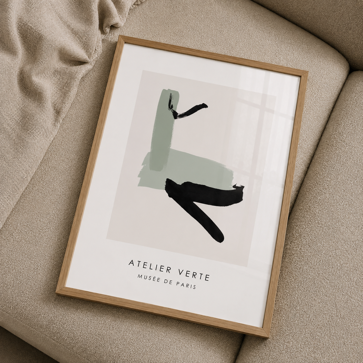 green and neutral luxury wall art in an oak frame