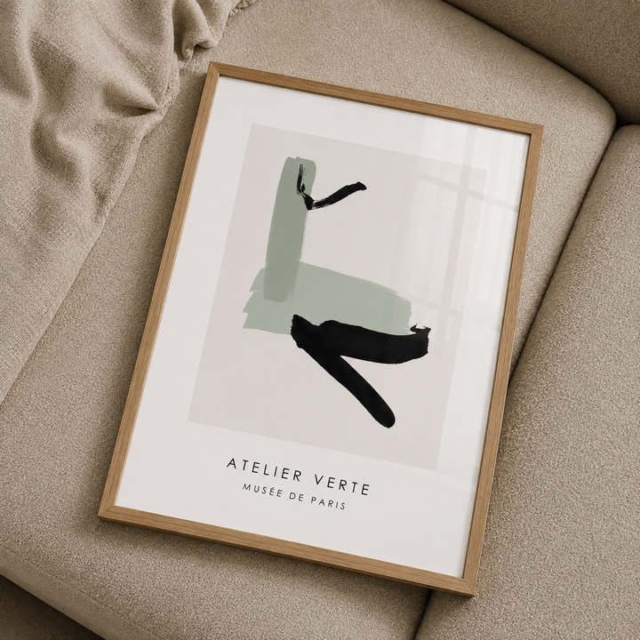 green and neutral luxury wall art in an oak frame