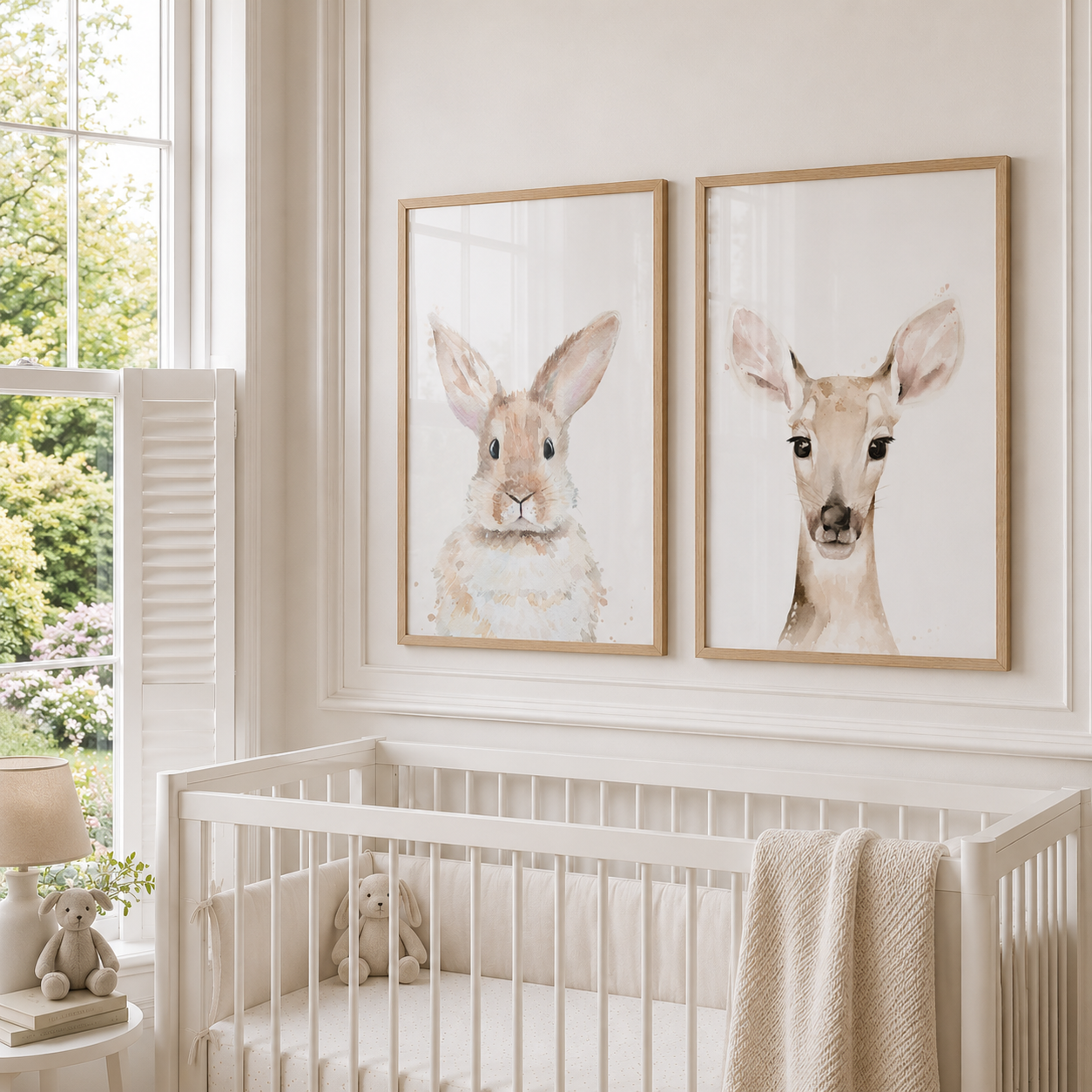 A styled nursery scene with two framed watercolor animal prints hanging above a white crib. The left print shows a rabbit and the right print shows a deer, both in light wood frames against a cream wall.